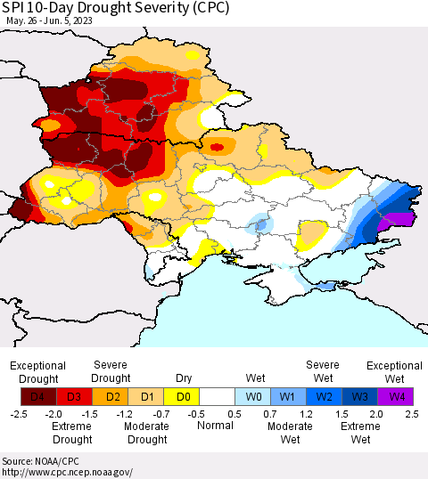 Ukraine, Moldova and Belarus SPI 10-Day Drought Severity (CPC) Thematic Map For 5/26/2023 - 6/5/2023