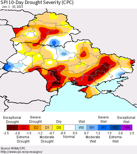 Ukraine, Moldova and Belarus SPI 10-Day Drought Severity (CPC) Thematic Map For 6/1/2023 - 6/10/2023
