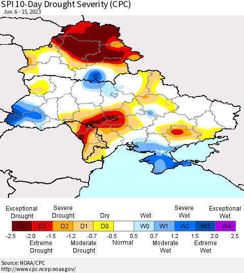 Ukraine, Moldova and Belarus SPI 10-Day Drought Severity (CPC) Thematic Map For 6/6/2023 - 6/15/2023