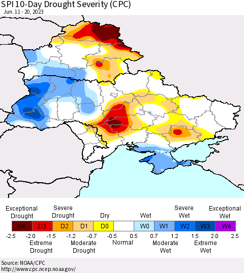 Ukraine, Moldova and Belarus SPI 10-Day Drought Severity (CPC) Thematic Map For 6/11/2023 - 6/20/2023