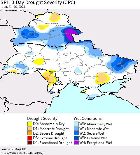 Ukraine, Moldova and Belarus SPI 10-Day Drought Severity (CPC) Thematic Map For 6/21/2023 - 6/30/2023