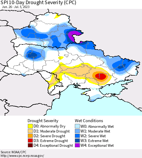 Ukraine, Moldova and Belarus SPI 10-Day Drought Severity (CPC) Thematic Map For 6/26/2023 - 7/5/2023