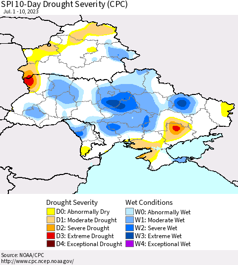Ukraine, Moldova and Belarus SPI 10-Day Drought Severity (CPC) Thematic Map For 7/1/2023 - 7/10/2023