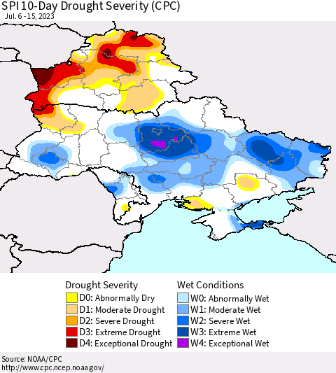 Ukraine, Moldova and Belarus SPI 10-Day Drought Severity (CPC) Thematic Map For 7/6/2023 - 7/15/2023