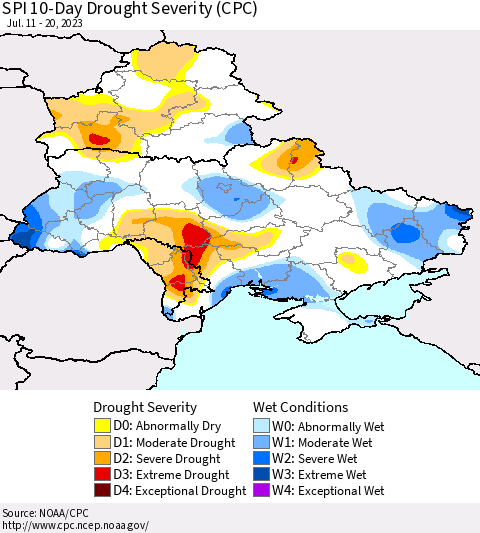 Ukraine, Moldova and Belarus SPI 10-Day Drought Severity (CPC) Thematic Map For 7/11/2023 - 7/20/2023