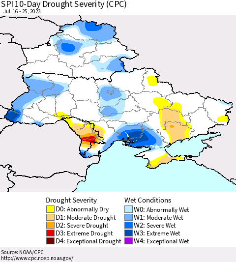 Ukraine, Moldova and Belarus SPI 10-Day Drought Severity (CPC) Thematic Map For 7/16/2023 - 7/25/2023