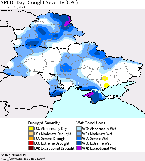 Ukraine, Moldova and Belarus SPI 10-Day Drought Severity (CPC) Thematic Map For 7/21/2023 - 7/31/2023