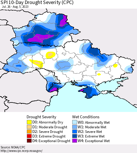 Ukraine, Moldova and Belarus SPI 10-Day Drought Severity (CPC) Thematic Map For 7/26/2023 - 8/5/2023