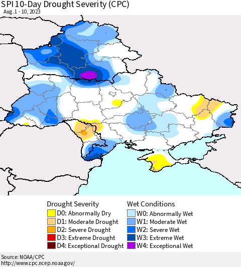 Ukraine, Moldova and Belarus SPI 10-Day Drought Severity (CPC) Thematic Map For 8/1/2023 - 8/10/2023