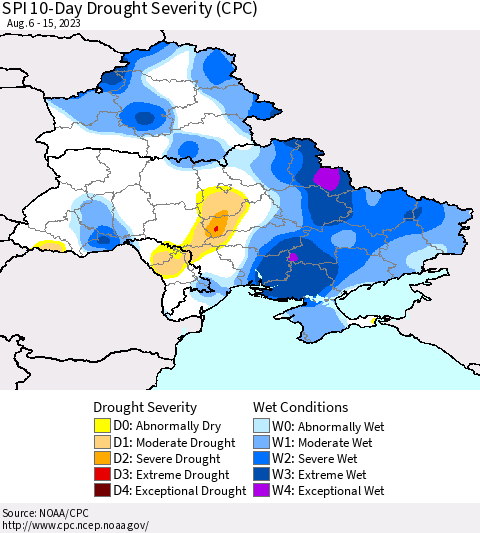 Ukraine, Moldova and Belarus SPI 10-Day Drought Severity (CPC) Thematic Map For 8/6/2023 - 8/15/2023