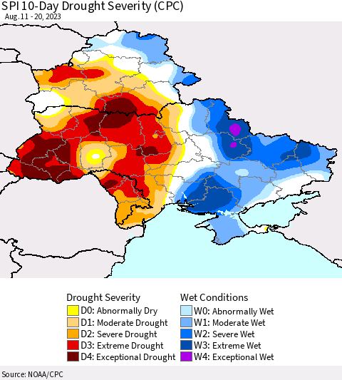 Ukraine, Moldova and Belarus SPI 10-Day Drought Severity (CPC) Thematic Map For 8/11/2023 - 8/20/2023
