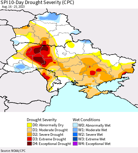 Ukraine, Moldova and Belarus SPI 10-Day Drought Severity (CPC) Thematic Map For 8/16/2023 - 8/25/2023