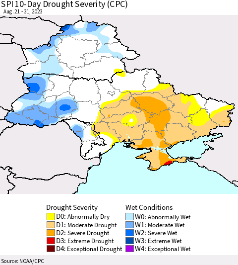 Ukraine, Moldova and Belarus SPI 10-Day Drought Severity (CPC) Thematic Map For 8/21/2023 - 8/31/2023