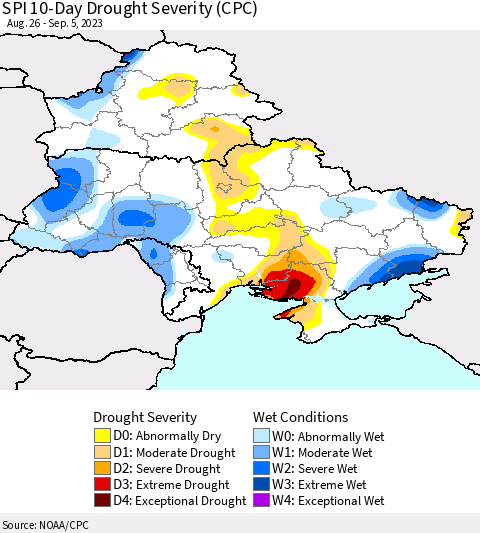 Ukraine, Moldova and Belarus SPI 10-Day Drought Severity (CPC) Thematic Map For 8/26/2023 - 9/5/2023
