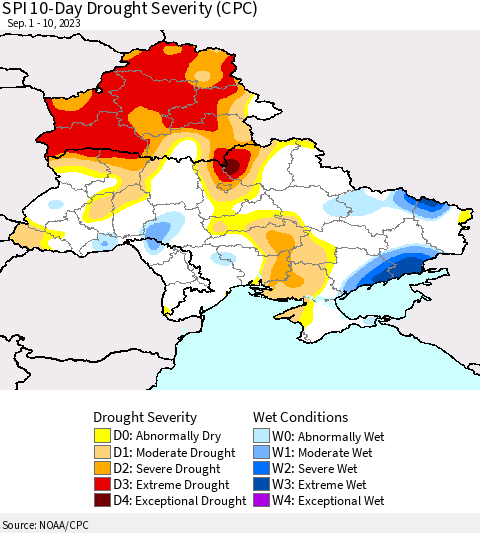 Ukraine, Moldova and Belarus SPI 10-Day Drought Severity (CPC) Thematic Map For 9/1/2023 - 9/10/2023