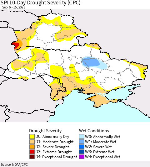 Ukraine, Moldova and Belarus SPI 10-Day Drought Severity (CPC) Thematic Map For 9/6/2023 - 9/15/2023