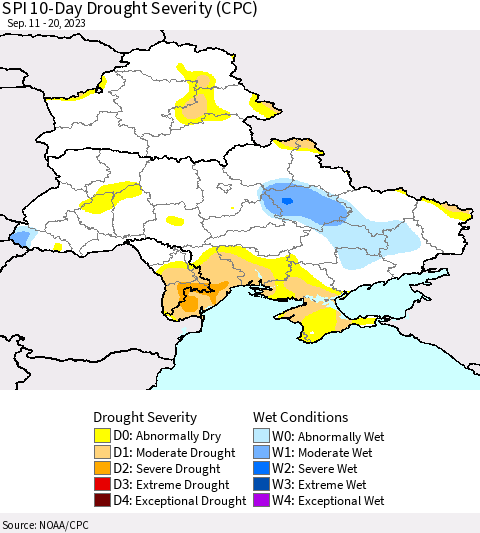 Ukraine, Moldova and Belarus SPI 10-Day Drought Severity (CPC) Thematic Map For 9/11/2023 - 9/20/2023
