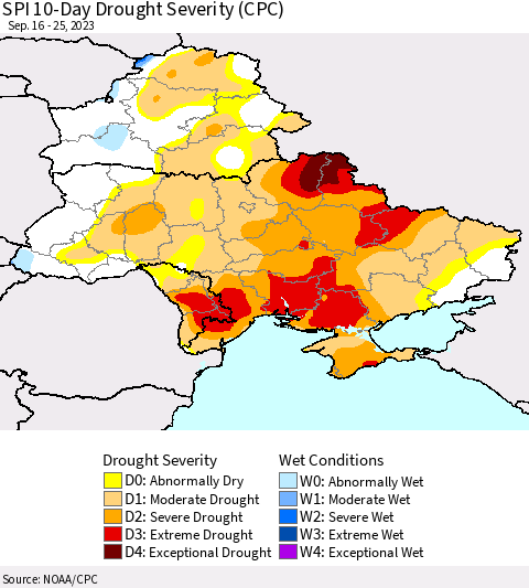 Ukraine, Moldova and Belarus SPI 10-Day Drought Severity (CPC) Thematic Map For 9/16/2023 - 9/25/2023