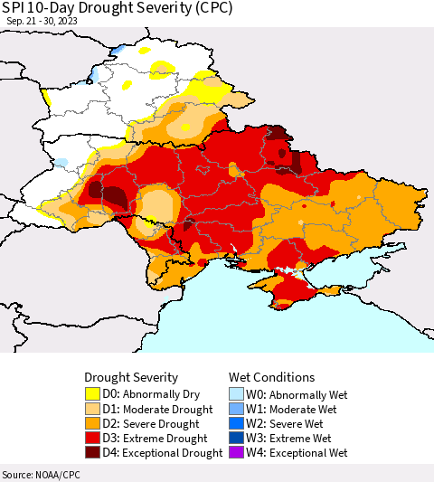 Ukraine, Moldova and Belarus SPI 10-Day Drought Severity (CPC) Thematic Map For 9/21/2023 - 9/30/2023
