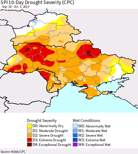 Ukraine, Moldova and Belarus SPI 10-Day Drought Severity (CPC) Thematic Map For 9/26/2023 - 10/5/2023