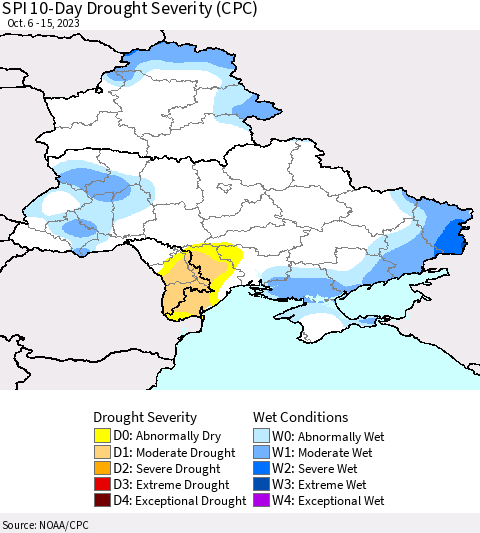 Ukraine, Moldova and Belarus SPI 10-Day Drought Severity (CPC) Thematic Map For 10/6/2023 - 10/15/2023