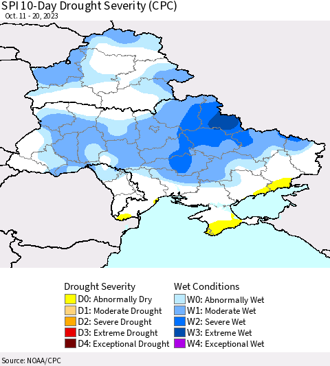 Ukraine, Moldova and Belarus SPI 10-Day Drought Severity (CPC) Thematic Map For 10/11/2023 - 10/20/2023