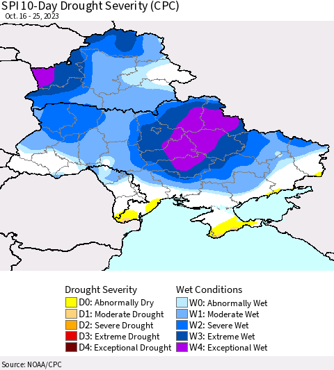 Ukraine, Moldova and Belarus SPI 10-Day Drought Severity (CPC) Thematic Map For 10/16/2023 - 10/25/2023