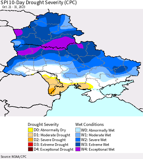 Ukraine, Moldova and Belarus SPI 10-Day Drought Severity (CPC) Thematic Map For 10/21/2023 - 10/31/2023