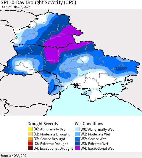 Ukraine, Moldova and Belarus SPI 10-Day Drought Severity (CPC) Thematic Map For 10/26/2023 - 11/5/2023