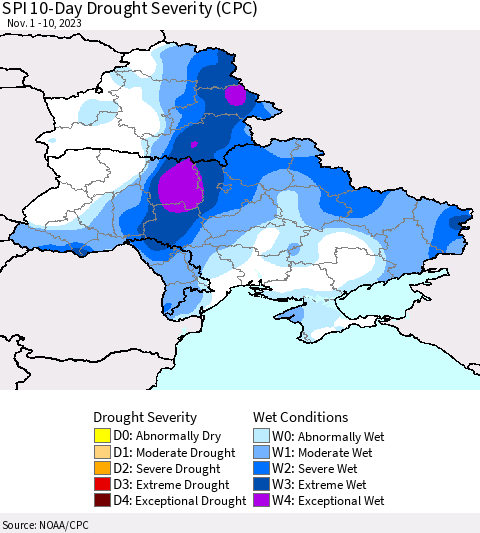 Ukraine, Moldova and Belarus SPI 10-Day Drought Severity (CPC) Thematic Map For 11/1/2023 - 11/10/2023