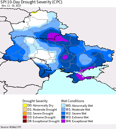 Ukraine, Moldova and Belarus SPI 10-Day Drought Severity (CPC) Thematic Map For 11/11/2023 - 11/20/2023