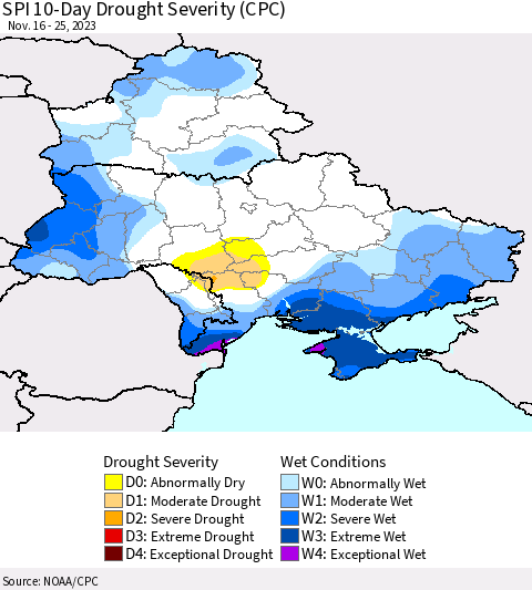 Ukraine, Moldova and Belarus SPI 10-Day Drought Severity (CPC) Thematic Map For 11/16/2023 - 11/25/2023