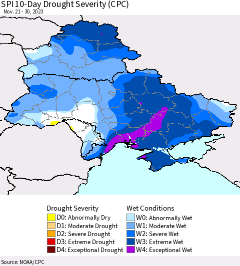 Ukraine, Moldova and Belarus SPI 10-Day Drought Severity (CPC) Thematic Map For 11/21/2023 - 11/30/2023