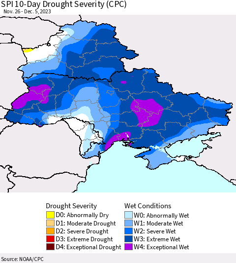 Ukraine, Moldova and Belarus SPI 10-Day Drought Severity (CPC) Thematic Map For 11/26/2023 - 12/5/2023