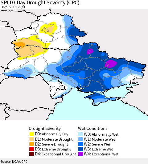 Ukraine, Moldova and Belarus SPI 10-Day Drought Severity (CPC) Thematic Map For 12/6/2023 - 12/15/2023