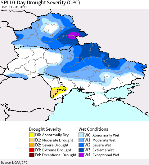Ukraine, Moldova and Belarus SPI 10-Day Drought Severity (CPC) Thematic Map For 12/11/2023 - 12/20/2023
