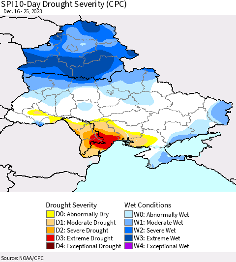 Ukraine, Moldova and Belarus SPI 10-Day Drought Severity (CPC) Thematic Map For 12/16/2023 - 12/25/2023