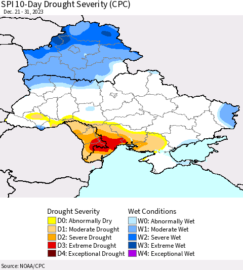 Ukraine, Moldova and Belarus SPI 10-Day Drought Severity (CPC) Thematic Map For 12/21/2023 - 12/31/2023
