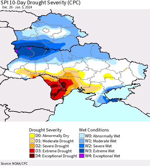 Ukraine, Moldova and Belarus SPI 10-Day Drought Severity (CPC) Thematic Map For 12/26/2023 - 1/5/2024