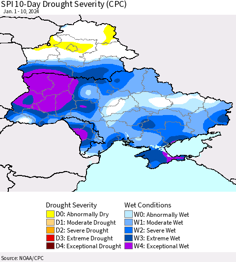 Ukraine, Moldova and Belarus SPI 10-Day Drought Severity (CPC) Thematic Map For 1/1/2024 - 1/10/2024