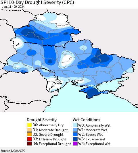 Ukraine, Moldova and Belarus SPI 10-Day Drought Severity (CPC) Thematic Map For 1/11/2024 - 1/20/2024