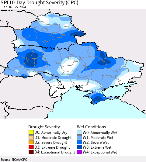 Ukraine, Moldova and Belarus SPI 10-Day Drought Severity (CPC) Thematic Map For 1/16/2024 - 1/25/2024