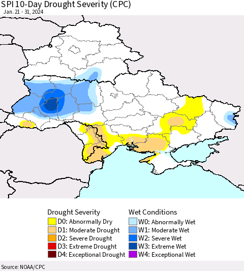 Ukraine, Moldova and Belarus SPI 10-Day Drought Severity (CPC) Thematic Map For 1/21/2024 - 1/31/2024