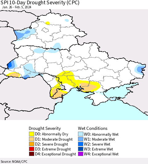 Ukraine, Moldova and Belarus SPI 10-Day Drought Severity (CPC) Thematic Map For 1/26/2024 - 2/5/2024