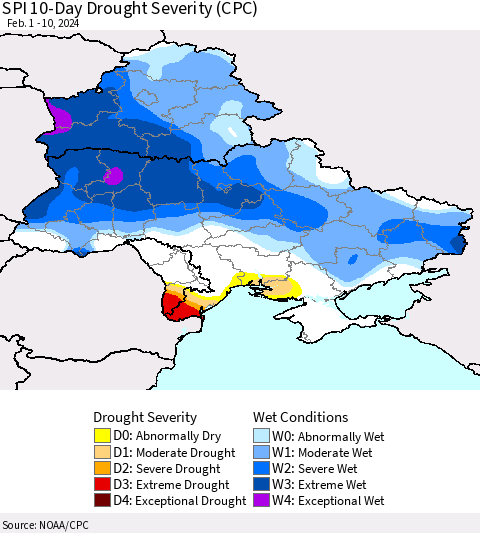 Ukraine, Moldova and Belarus SPI 10-Day Drought Severity (CPC) Thematic Map For 2/1/2024 - 2/10/2024