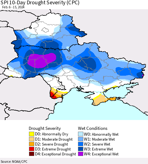 Ukraine, Moldova and Belarus SPI 10-Day Drought Severity (CPC) Thematic Map For 2/6/2024 - 2/15/2024