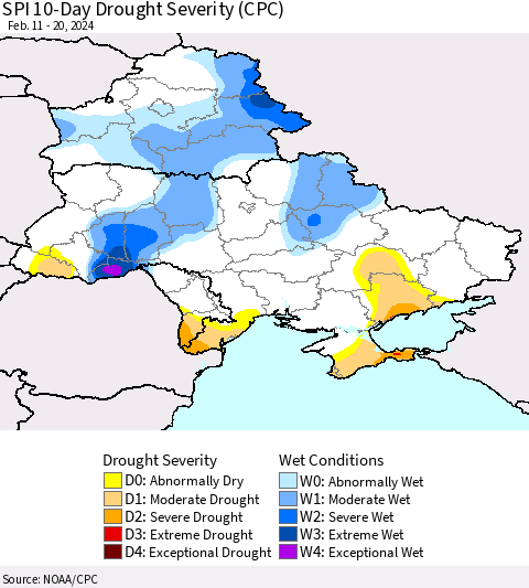 Ukraine, Moldova and Belarus SPI 10-Day Drought Severity (CPC) Thematic Map For 2/11/2024 - 2/20/2024