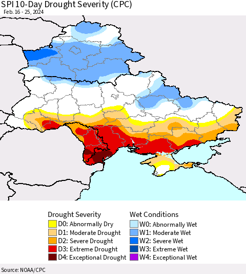 Ukraine, Moldova and Belarus SPI 10-Day Drought Severity (CPC) Thematic Map For 2/16/2024 - 2/25/2024