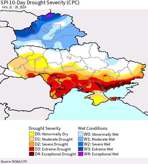 Ukraine, Moldova and Belarus SPI 10-Day Drought Severity (CPC) Thematic Map For 2/21/2024 - 2/29/2024