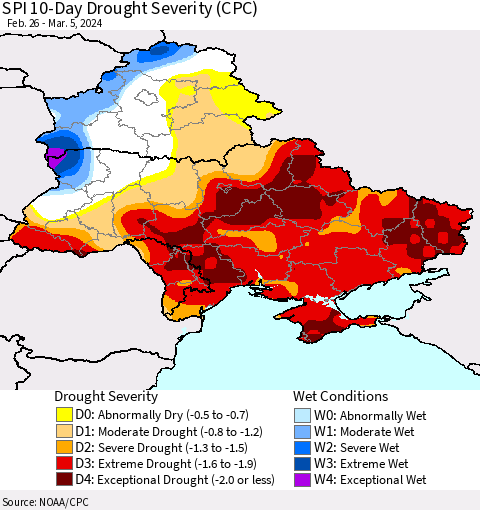 Ukraine, Moldova and Belarus SPI 10-Day Drought Severity (CPC) Thematic Map For 2/26/2024 - 3/5/2024